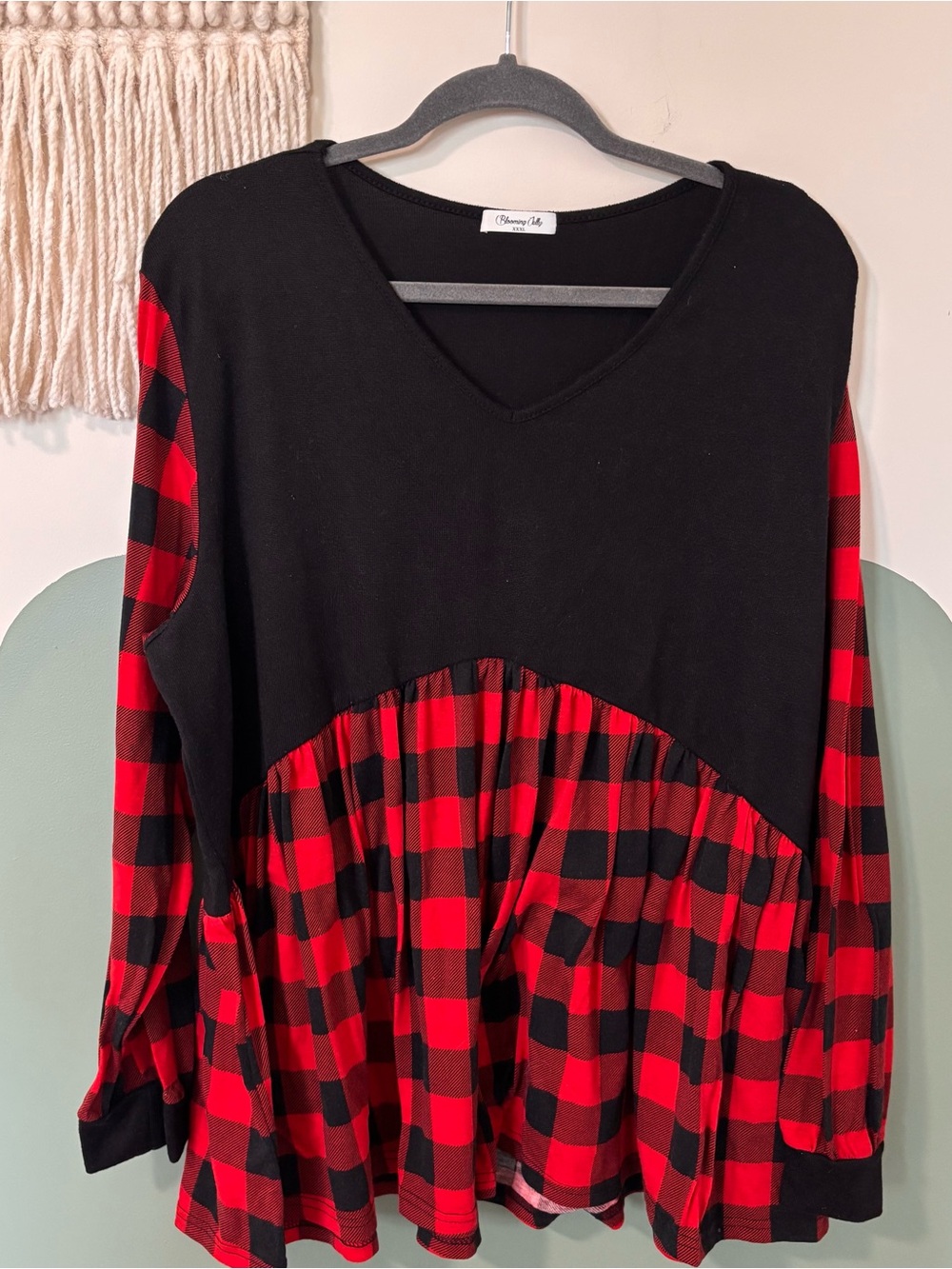 Honeyme Black & Red Buffalo Plaid V-Neck Peplum Tunic